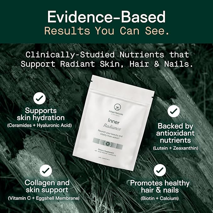 Adapt Naturals Inner Radiance Hair Skin and Nails Vitamins for Women and Men with Biotin Collagen Hyaluronic Acid Vitamin C &amp Ceramides - Thicker Hair Stronger Nails &amp Hydrated Skin Supple