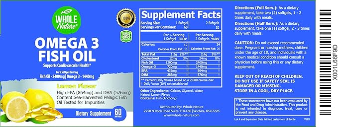 Omega 3 Fish Oil Supplements Maximum Strength 2400 mg Omega-3 1440mg Fish Oil EPA DHA Fatty Acids Heart Health Vision Eye Brain Immune Support for Women &amp Men. Natural Lemon Flavor 60 ct
