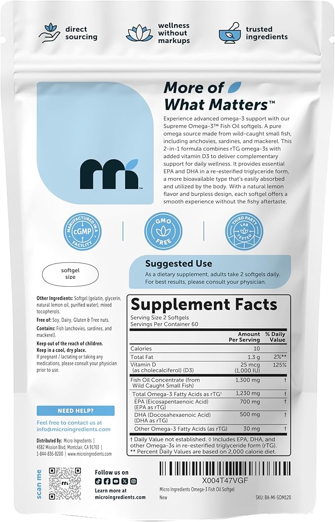 Micro Ingredients Supreme Omega-3 Fish Oil w/Ultra High EPA &amp DHA Burpless Softgels | rTG Omega-3 with Vitamin D3 | Wild-Caught Cold Deep-Sea Fish | Lemon Flavor Easy to Swallow 120ct