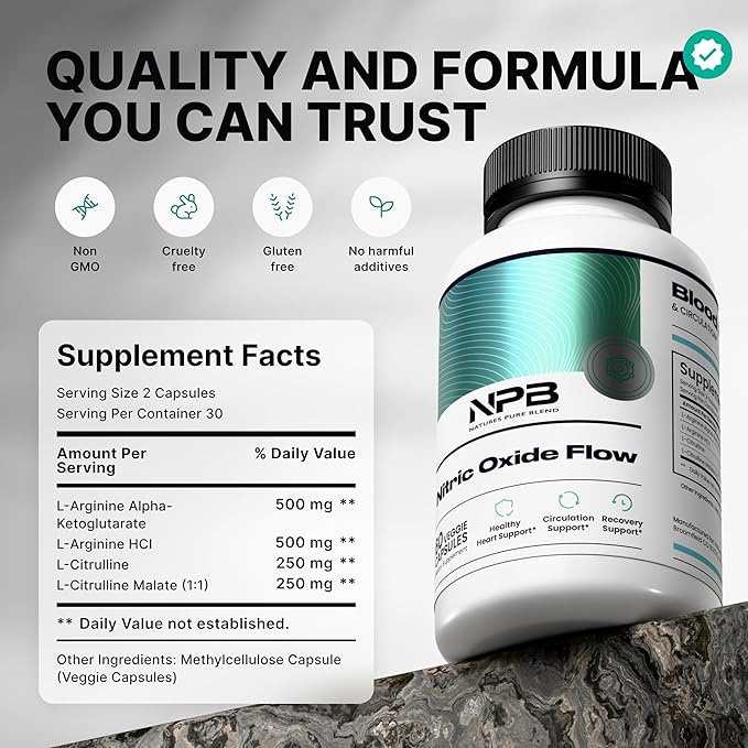 Nature's Pure Blend Nitric Oxide Supplements for Men – L-Arginine L-Citrulline – Heart Support &amp Flow Circulation Booster – 1500MG L Arginine and L Citrulline Preworkout Bodybuilding