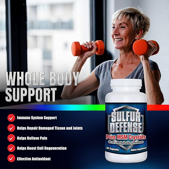 Sulfur Defense Opti-MSM 99.9% Pure MSM Powder Capsules Made in USA Organic Methylsulfonylmethane Non-GMO Gluten-Free Immune System Booster Soothes Joint Pain Younger Skin Hair Nails 90 caps