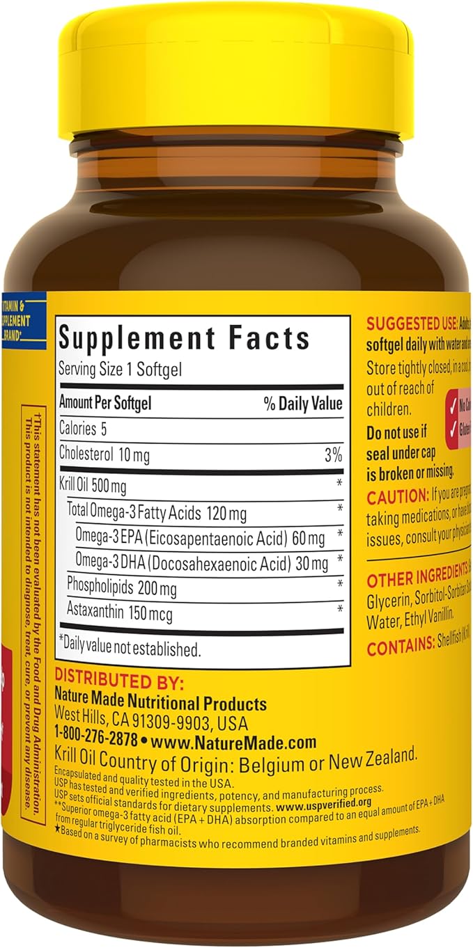 Nature Made Superior Absorption Krill Oil 500mg with Astaxanthin and Phospholipids Omega 3 for Heart Health Support Antarctic Krill Oil Supplement 100 Softgels 100 Day Supply