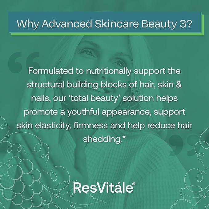 ResVitále Beauty 3 - Skin Care Supplement with Collagen Keratin &amp Elastin - 90 Capsules