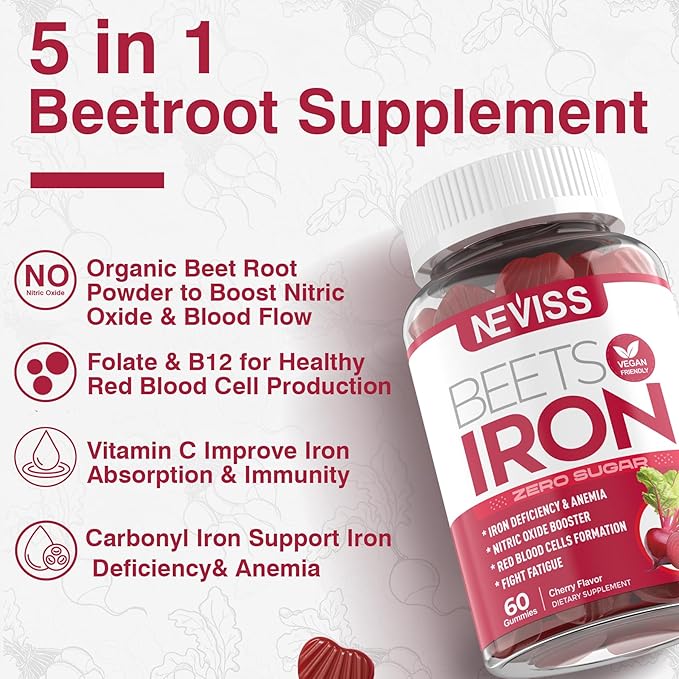 Beet Root Gummies with Iron Methyl B12 Folate Vitamin C - Increase Nitric Oxide &amp Iron Levels Energy Support Fight Fatigue Beetroot &amp Gentle Iron Supplement Sugar Free 60 Counts