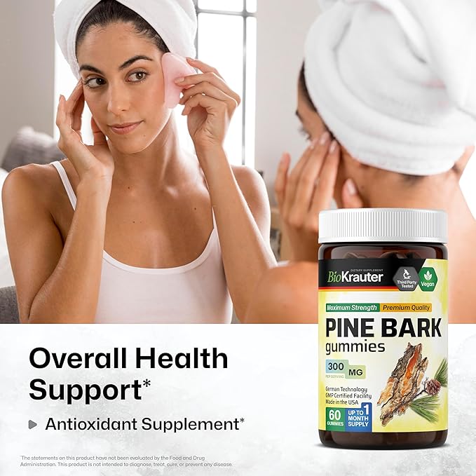 BIO KRAUTER® Pine Bark Extract for Skin &amp Antioxidant Support - French Maritime Pine Bark Gummies 300 mg for Clear Skin - 90 Gummies 45-Day Supply - Non-GMO Blueberry Flavor