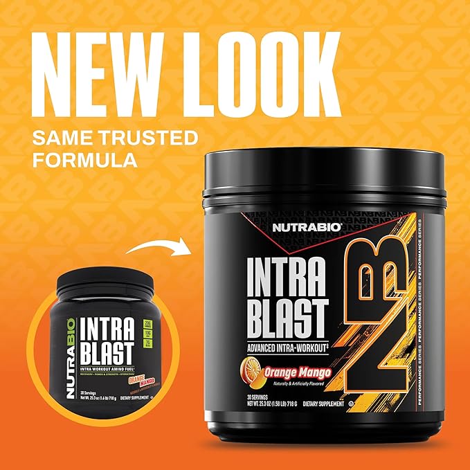 NutraBio Intra Blast Bcaa Powder Amino Acid Supplement Electrolyte &amp Hydration Blend Intra Pre Workout &amp Muscle Recovery 20g Eaa Amino Acids Powder 5g Glutamine- Orange Mango 30 Serving