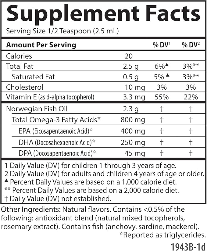 Carlson Kid's The Very Finest Fish Oil 800 mg Omega-3s Just Peachie Flavor 200 mL – Liquid Norwegian Fish Oil Wild-Caught &amp Sustainably Sourced