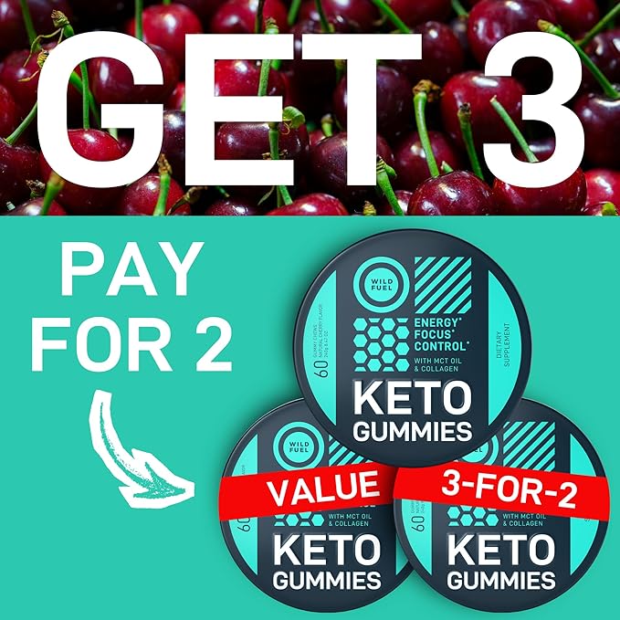 WILD FUEL MCT Oil Keto Gummies with Collagen - Pre Workout Gummy Keto Candy - Physical and Mental Energy Low Carb Low Calorie - 3-Month Supply 180 Cherry Collagen Gummies for Women and Men