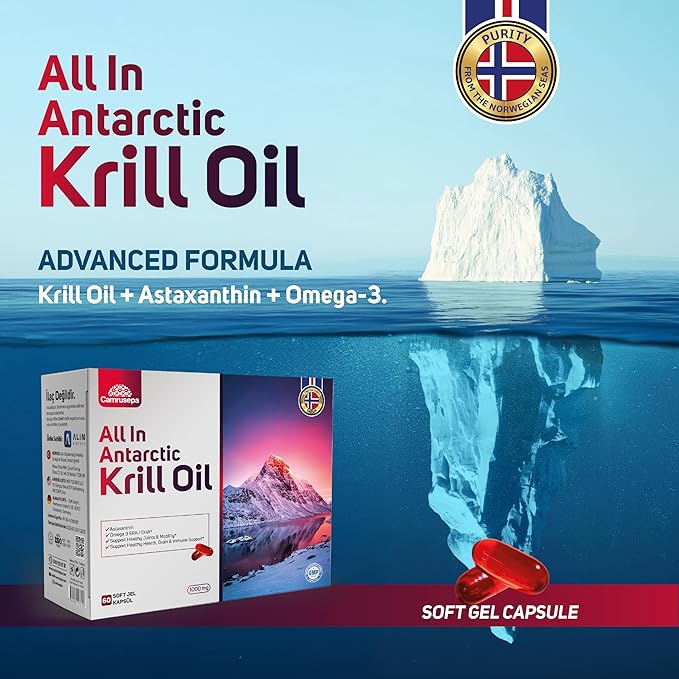 All in Antarctic Krill Oil – Softgel Capsule Supplement with Omega-3 Phospholipids &amp Astaxanthin – Supports Heart Brain Joint Immune &amp Digestive – 60 Softgels