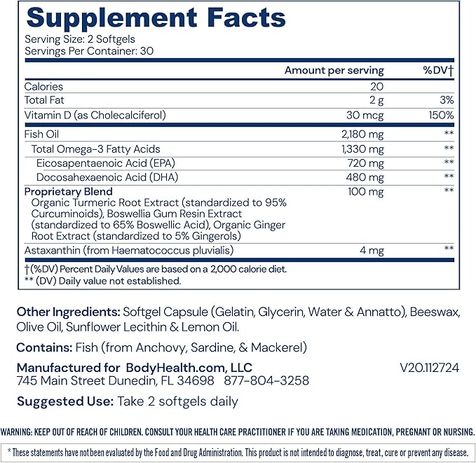 BodyHealth Omega 3 Health Fish Oil Supplement for Women and Men Heart and Brain Health Fish Oil Pills Fatty Acid Supplements Omega 3 Vitamins - 60 Soft Gels
