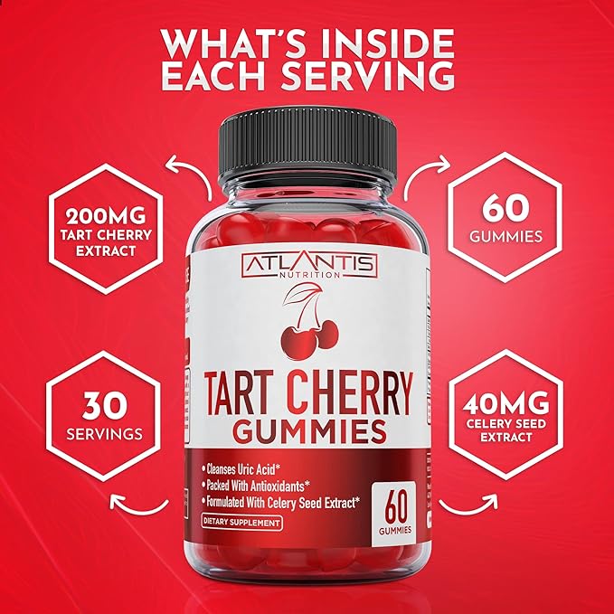 Atlantis Nutrition Tart Cherry 60 Gummies + Sugar Free Prebiotic Fiber Gummies for Adults 2-Pack (120 Gummies)