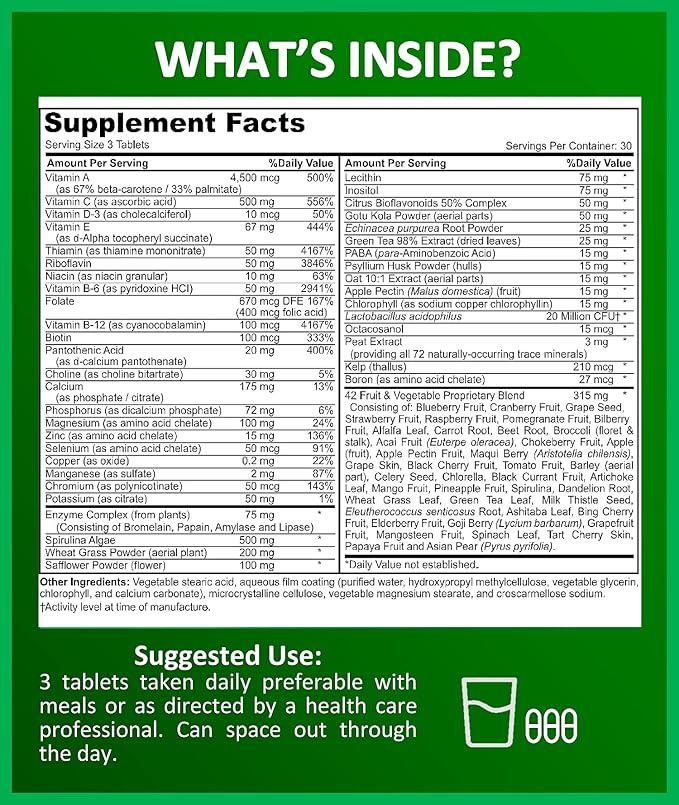 Potent Garden Multivitamin for Men &amp Women – 42 Fruits &amp Vegetables Probiotics &amp Enzymes Daily Whole Food Supplement for Energy Immune Support &amp Digestion Non-GMO 90 Tablets