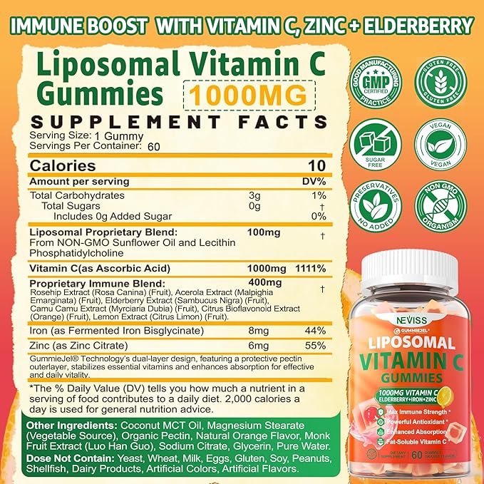 Liposomal Vitamin C 1000mg Gummies for Adults - Vitamin C Chewable with Elderberry Zinc &amp 8mg Iron Sugar Free Vit C Supplements Daily Immune Support Gummies for Energy Collagen Booster 60 Coun