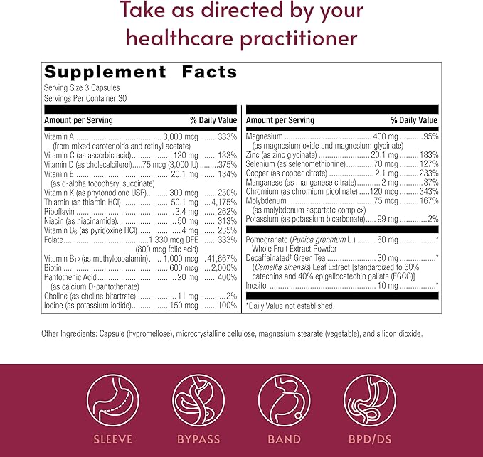 Bariatric Advantage Ultra Multi Without Iron High Potency Daily Multivitamin for Bariatric Surgery Patients with 22 Essential Vitamins and Nutrients - 90 Capsules 30 Servings