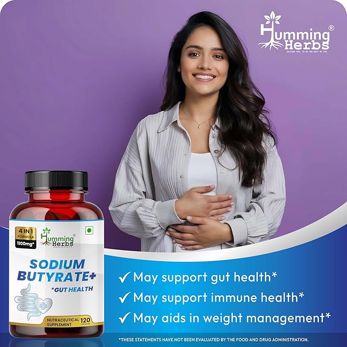 Humming Herbs Sodium Butyrate+ Capsules – 4-in-1 Digestive Support with L-Glutamine + Prebiotic Inulin + Probiotic Blend (10 Billion CFU) – 120 Vegetarian Capsules