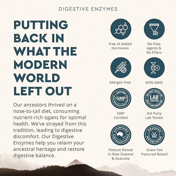 Ancestral Supplements Digestive Enzymes for Women &amp Men 90 Capsules with Probiotics and Grass Fed Beef Organs Supports Gut Health Digestive Health &amp Nutrient Absorption Allergen Free Non