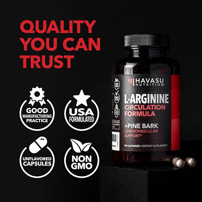L-Arginine 1800mg and Pine Bark Extract 100mg - Nitric Oxide Supplement for Men - Performance Supplement for Men's Health - 90 Count - Endurance Recovery Support - Vegan Non-GMO Capsules