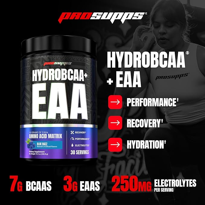 ProSupps HydroBCAA Essential Amino Acids Powder Blue Raspberry - Workout Supplement with BCAA EAAs &amp Electrolytes for Hydration &amp Recovery - Stimulant-Free Soy &amp Gluten-Free - 30 Servin