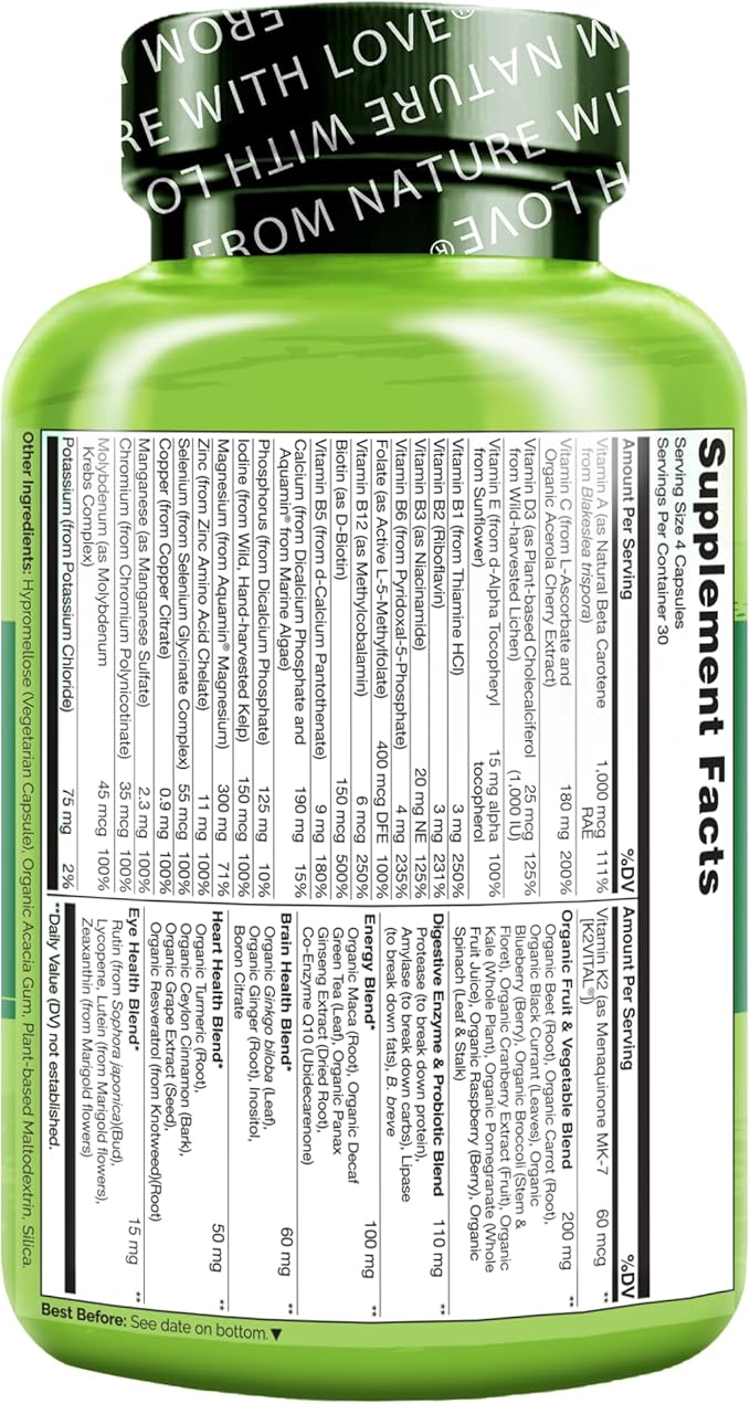 NATURELO Mens Multivitamins - Whole Food Multivitamin for Men with Vitamins Minerals - 120 Vegetarian Capsules for Energy Brain Heart Eye Health*