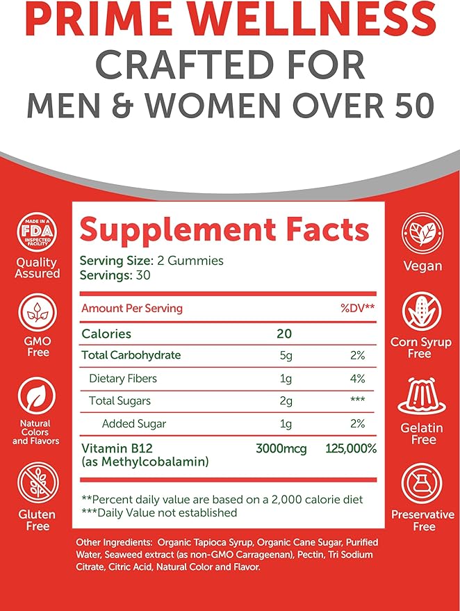 Lunakai USA Made Vitamin B12 Gummies for Adults 50+ Non-GMO B12 for Energy &amp Vitality Boost Delicious Orange Flavor 60ct