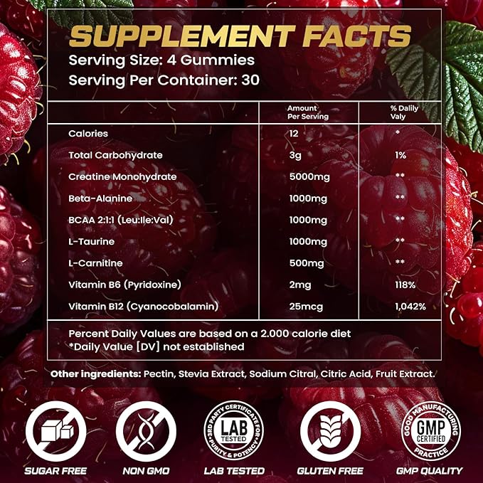 Creatine Monohydrate Gummies for Men &amp Women 9000MG Creatine Gummies Sugar Free with L-Taurine BCAA 2:1 B12 B6 for Boost Strength Focus &amp Endurance Vegan Non-GMO Raspberry 120pcs