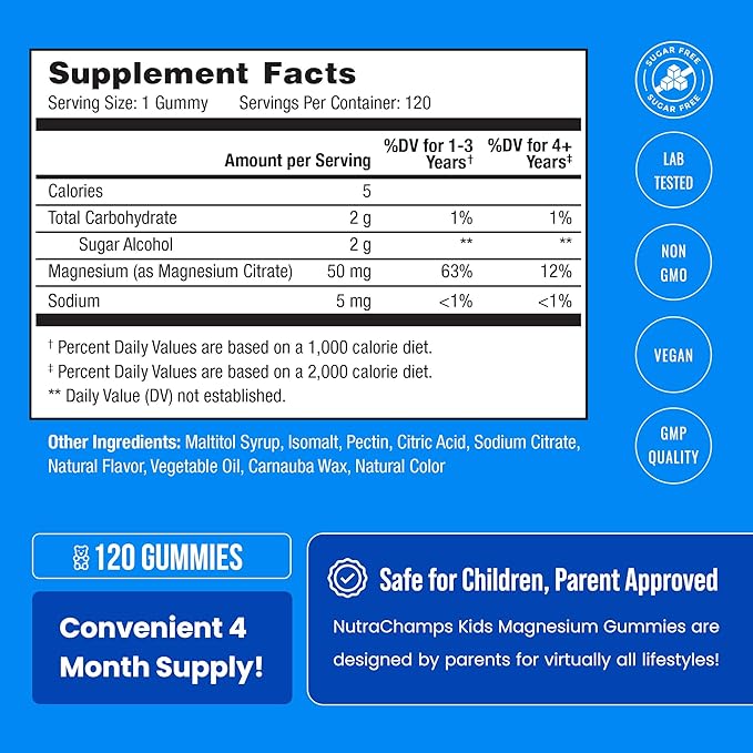 NutraChamps 120 Kids Magnesium Gummies - Sugar Free Calm Magnesium Gummies for Kids - 4 Month Supply - Supports Bone Health Sleep