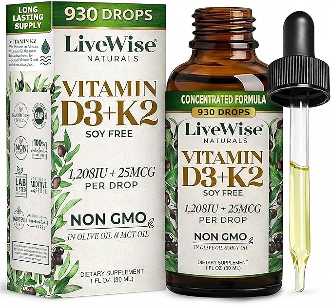 Live Wise Naturals Vitamin D3 K2 Drops for Adults - 930 Drops Ultra Concentrated Formulation Fast Absorption 1208 IU Vitamin D3 25 MCG (MK-7) - Micro-Dosing Dropper for Calcium &amp Bone Support