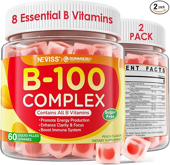 2 Pack Super Vitamin B Complex Gummies - Methylated B Complex for Women &amp Men All B Vitamins Methyl B12 Methylfolate Vitamin C Choline Inositol PABA for Energy Brain &amp Immune 0g Sugar