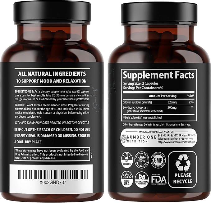 N1N Premium 5-HTP 200mg Plus Calcium Made from Griffonia Seed Extract Non GMO and Gluten Free 120 Caps (Pack of 2)