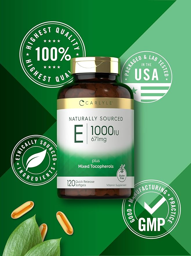 Carlyle Vitamin E 1000 IU Softgels | with Mixed Tocopherols | 120 Pills | Naturally Sourced Supplement | Non-GMO and Gluten Free Formula
