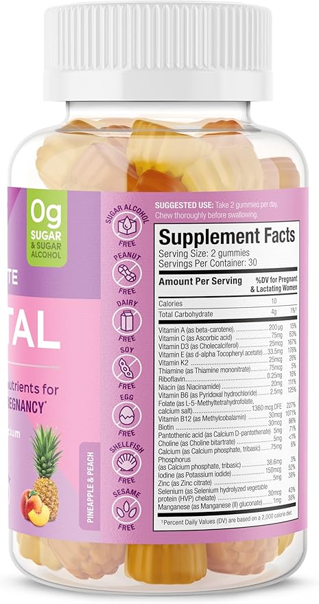 SUKU Prenatal Multivitamin Gummies – Folate Calcium Vitamin D3 B12 K2 – Sugar-Free Vegetarian Gluten-Free Pregnancy Support – Pineapple Peach Flavor – 60 Count
