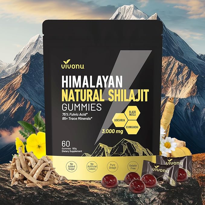 VivoNu Himalayan* Shilajit* Gummies with Ashwagandha* &amp Gokshura | 85+ Trace Minerals &amp Fulvic Acid | Organic Micronutrient Supplement for Men &amp Women (3000mg / 1 Bag)