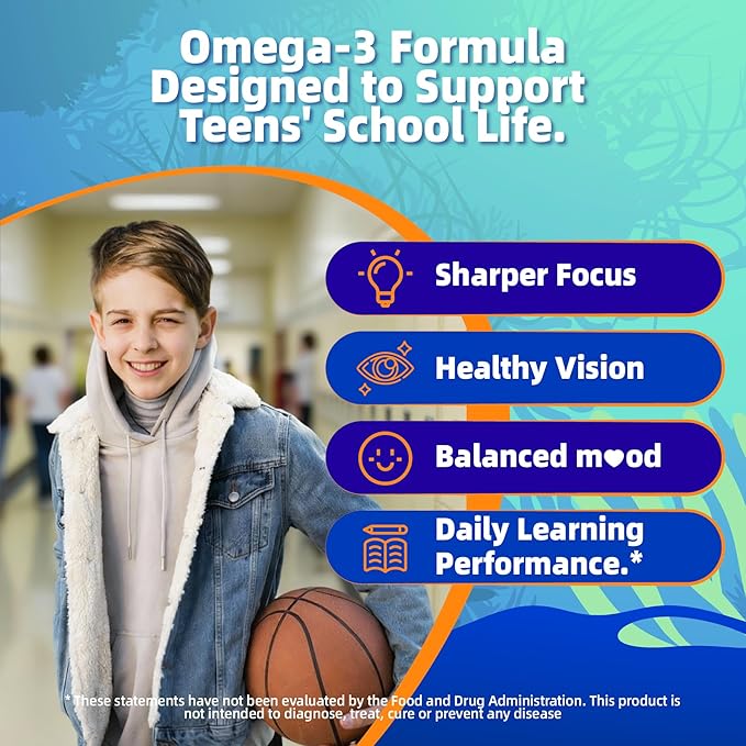 Vegan Omega-3 Gummies - 1000mg Algae Oil with 650mg DHA &amp 250mg EPA for Teens &amp Adults - Plus Vitamin D3 AC Lutein Zeaxanthin Magnesium for Eye &amp Immune Health Brain - Sugar Free No