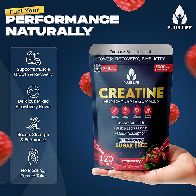 Creatine Monohydrate Gummies 5000mg – 5g per Serving – Sugar Free Vegan Creatine Supplement for Men &amp Women – Muscle Growth Strength Recovery &amp Energy – 120 Count (Strawberry)