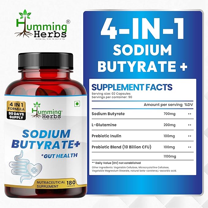 Humming Herbs Sodium Butyrate+ Capsules – 4-in-1 Digestive Support with L-Glutamine + Prebiotic Inulin + Probiotic Blend (10 Billion CFU) – Vegetarian (180)