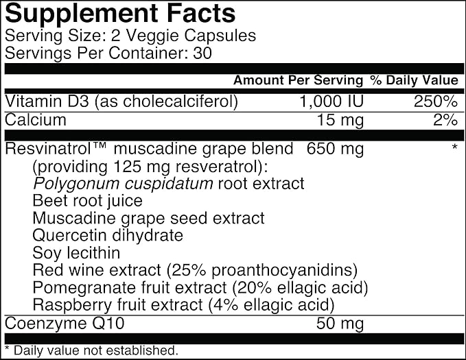 Capsules 60 Count- Resveratrol Supplement Supports Healthy Aging Heart Health and Immune Function with Quercetin Grape Seed Extract Vitamin D3 and CoQ10