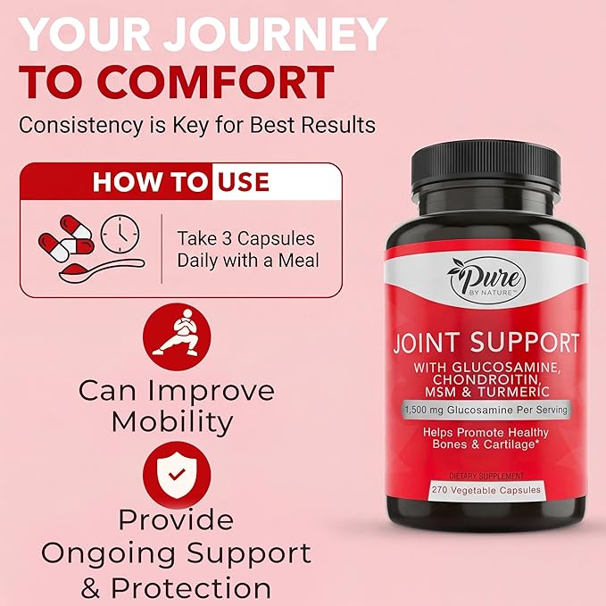 Pure By Nature Joint Support Glucosamine with Chondroitin Turmeric MSM Boswellia Supplement 270 Capsules