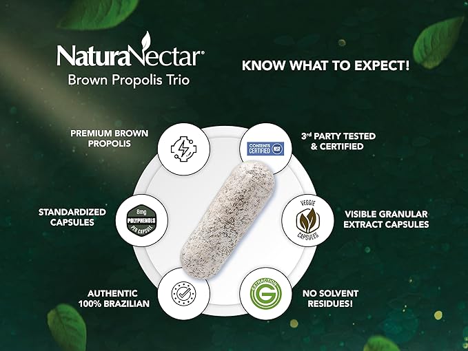 NaturaNectar - Brown Bee Propolis - NSF Contents Certified - Premium Brazilian Propolis - Gluten-Free Supplement with Flavonoids FLAV-B and PWE - Naturally Sourced Through Ethical Beekeeping (60pcs.)