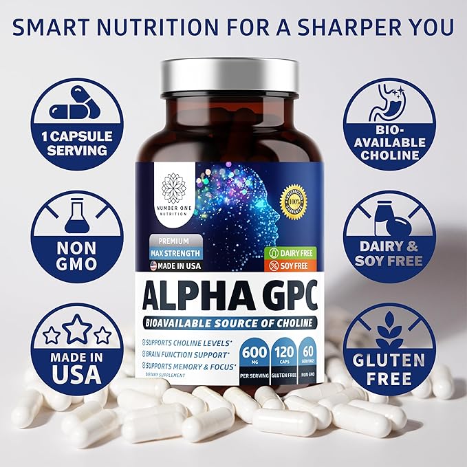 Number One Nutrition Premium Alpha GPC Choline Capsules 600mg Natural Brain Supplement to Support Focus Memory Clarity and Energy 120 Veg Caps