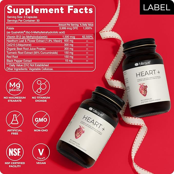 Blisque – Natural Blood Pressure Support Supplement for Heart Health and Circulation | Doctor-Approved | with 200 mg CoQ10 Hawthorn Berry Beet Root Turmeric | 90 Capsules