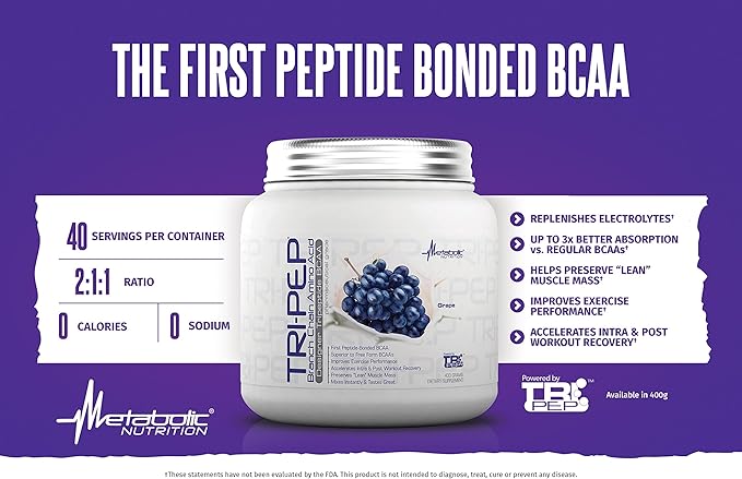Metabolic Nutrition - TRIPEP - Tri-Peptide Branch Chain Amino Acid BCAA Powder Pre Intra Post Workout Supplement Unflavored 400 Grams (40 Servings)