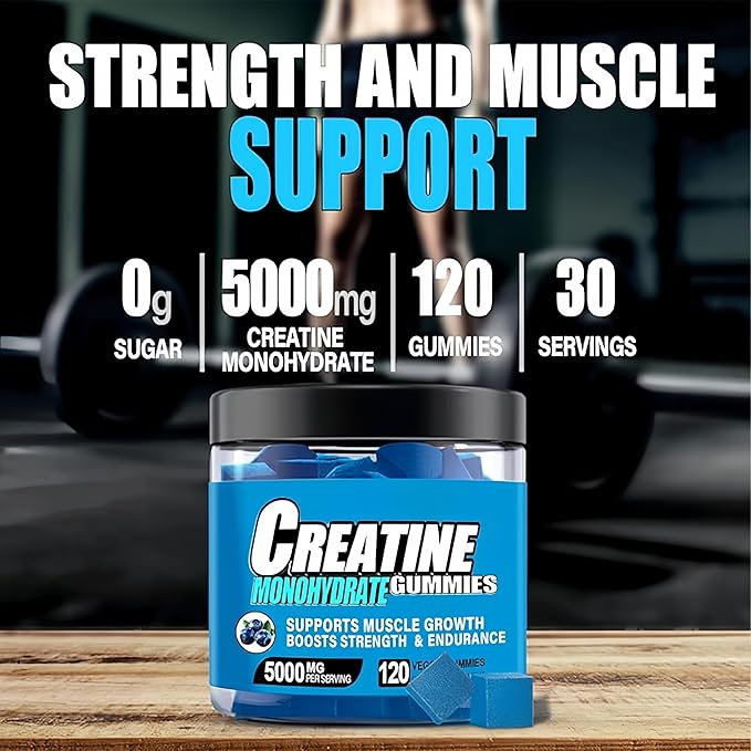 Sugar Free Creatine Monohydrate Gummies for Men &amp Women 5000mg Creatine Monohydrate Per Serving with L-Taurine Alpha GPC Betaine Anhydrous Natural Blueberry Flavor (120 Count)