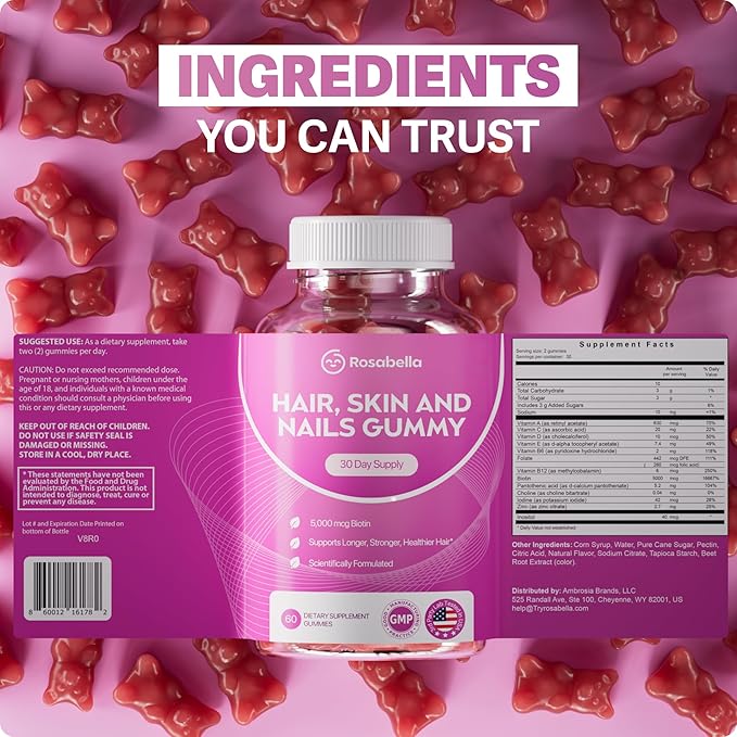 Rosabella Hair Growth Gummies for Women &amp Men – Vegan Hair Gummies with 5000mcg Biotin – Hair Vitamins for Strong Healthy-Looking Hair – Gummy Biotin Supplement (60 Count (Pack of 3))