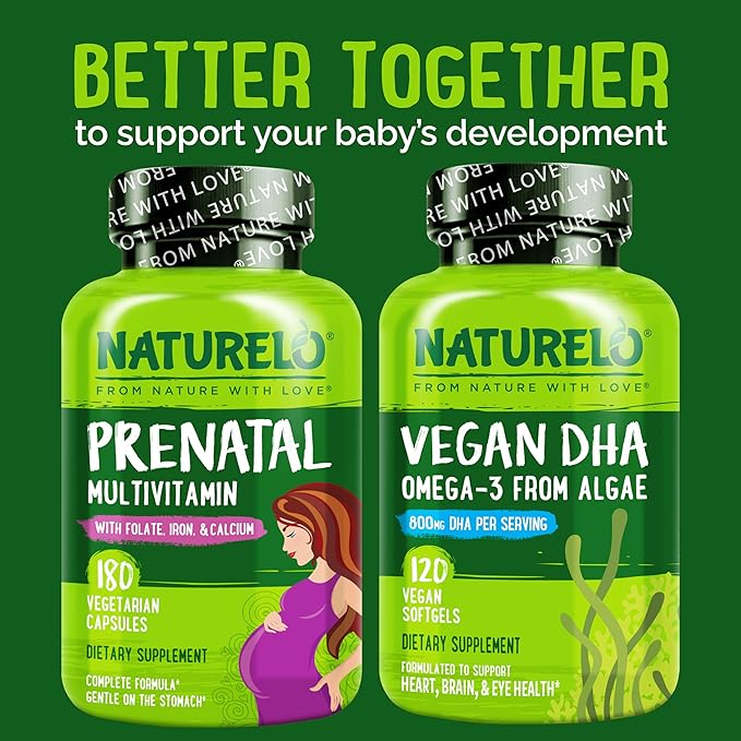 NATURELO Prenatal Multivitamin with Gentle Chelated Iron Methyl Folate Plant Calcium &amp Choline - Vegan Vegetarian - Non-GMO - Gluten Free - 180 Capsules - 2 Month Supply