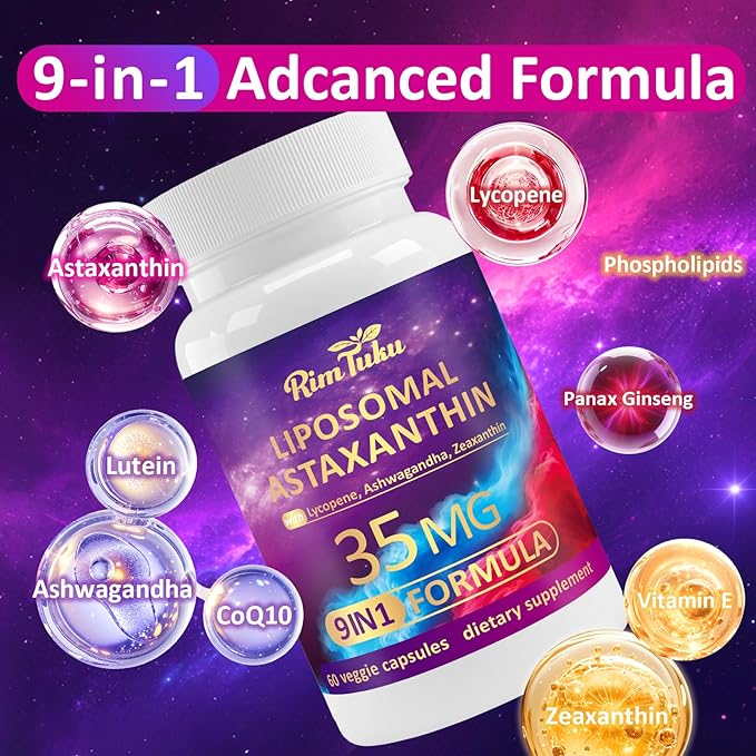 Liposomal Astaxanthin Supplement Complex 9-in-1 with Ashwagandha Lycopene Zeaxanthin Antioxidant Supplement Support Eye Skin &amp Joint Health 180 Capsules