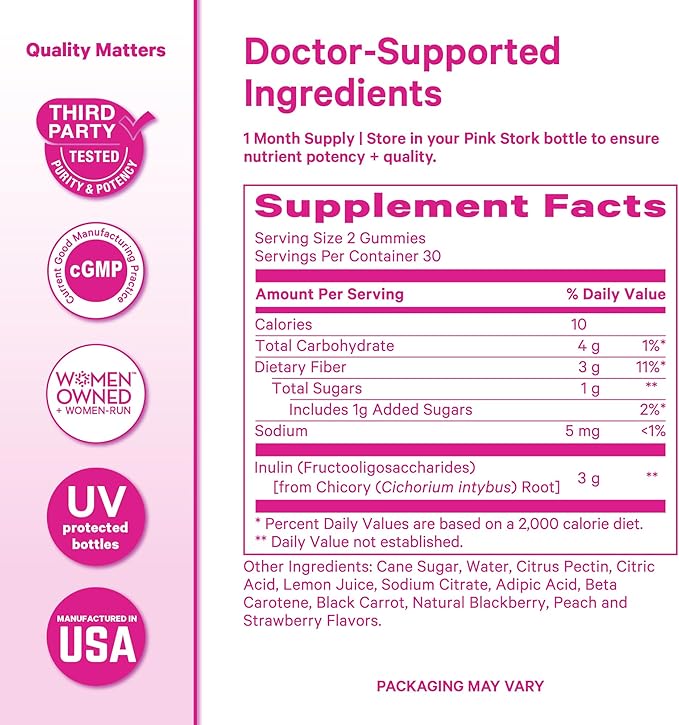 Pink Stork Prenatal Fiber Gummies for Women - 3g Prebiotic Inulin from Chicory Root - Natural Pregnancy &amp Postpartum Stool Softeners for Constipation &amp Digestive Health - 60 Vegan Fiber Chews