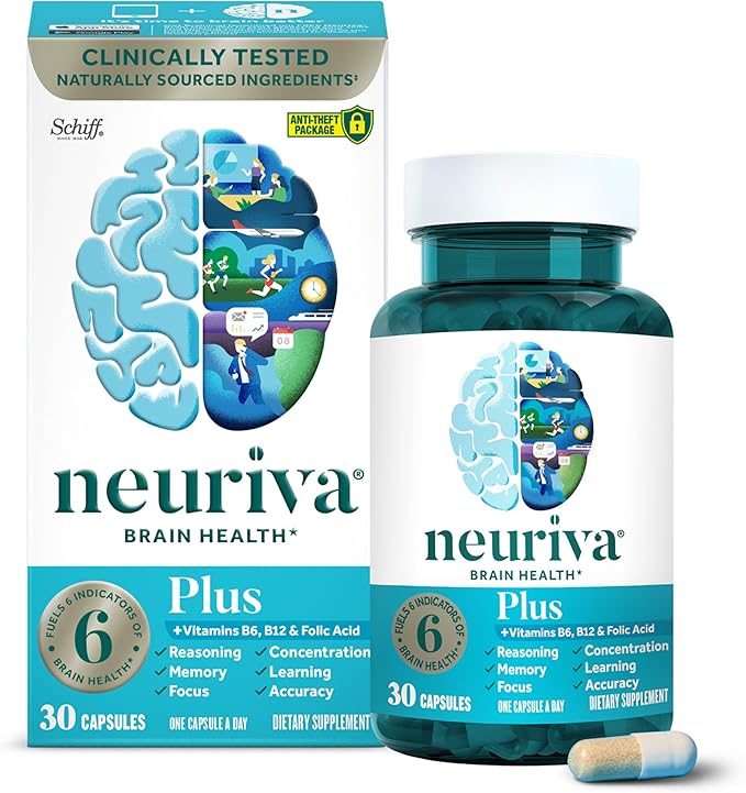 NEURIVA Plus Brain Supplement for Memory and Focus Clinically Tested Nootropics for Concentration for Mental Clarity Cognitive Enhancement Vitamins B6 B12 Phosphatidylserine 30 Capsules