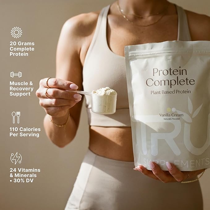 TRU Supplements Plant Based Protein Powder BCAA EAA 20g Vegan Brown Rice &amp Pea Protein 100 Calories 27 Vitamins No Artificial Flavors 25 Servings (Vanilla Cream)