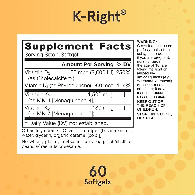 Jarrow Formulas K-Right - Vitamin K-Complex (K1 MK-4 MK-7 D3) - 60 Servings (Softgels) - Dietary Supplement for Bone &amp Cardiovascular Health Support - Vitamin K2 MK-7 - Gluten Free