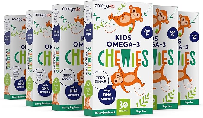 Omega 3 Chewies - Ultra-High DHA Chewables for Kids Supports Brain &amp Eye Health - Sugar-Free Natural Fruit Flavor - Kids Omega 3 Fish Oil Chewies (6 Pack)